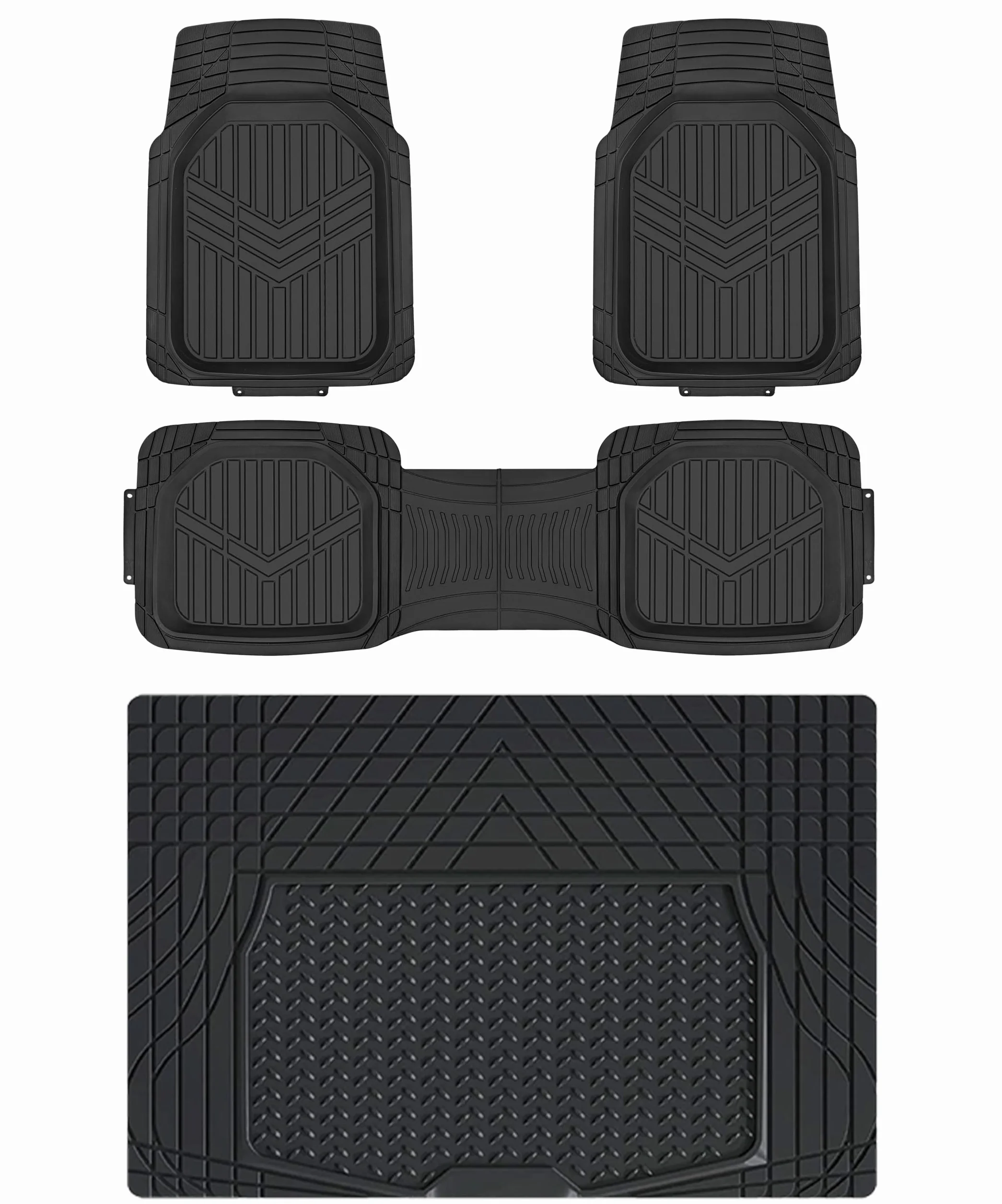 Amazon Basics 4 unità da tappetini in PVC resistente, per auto, SUV, camion, per tutte le stagioni, tappetino del bagagliaio incluso, Nero