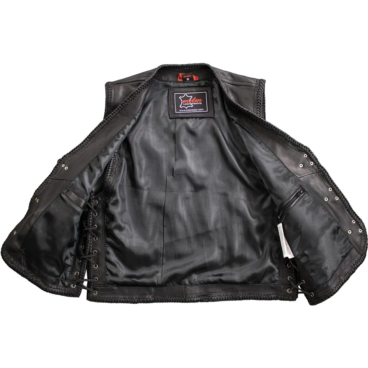 MDM Gilet pelle uomo moto, in vera pelle bovina nera, stile biker con chiusura a bottoni a pressione, bordi intrecciati in cuoio e lacci laterali, ideale per patch e loghi da club