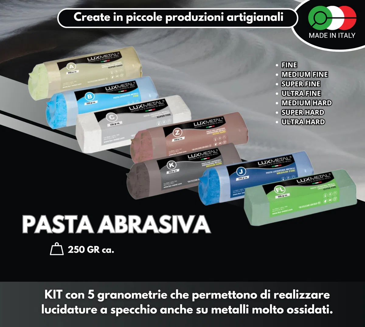 Lux Metal Kit Lucidatura 7 Pasta Abrasiva Lucidante 250 gr e 7 Disco Lucidatura 100 mm in Cotone Trapano Mola Dischi Per Lucidare Acciaio Inox Metalli Alluminio Set Lucida Ottone Cromature feltro Rame