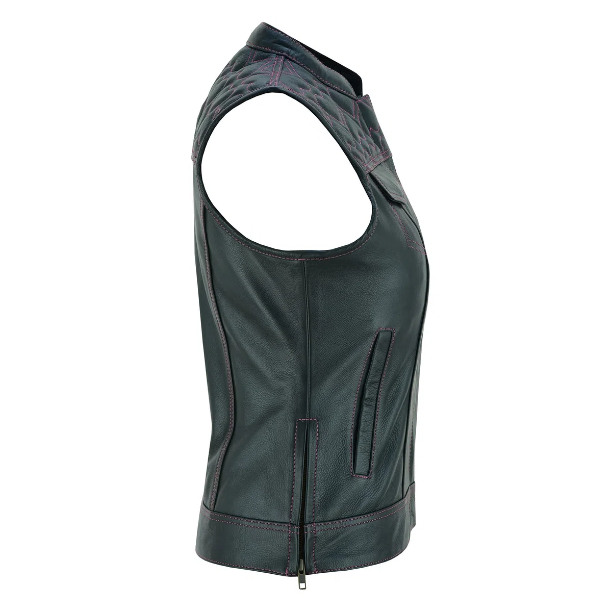 Leatherick Gilet da motociclista in pelle nera da donna - Fodera tradizionale in raso Paisley con cuciture a cuore rosa
