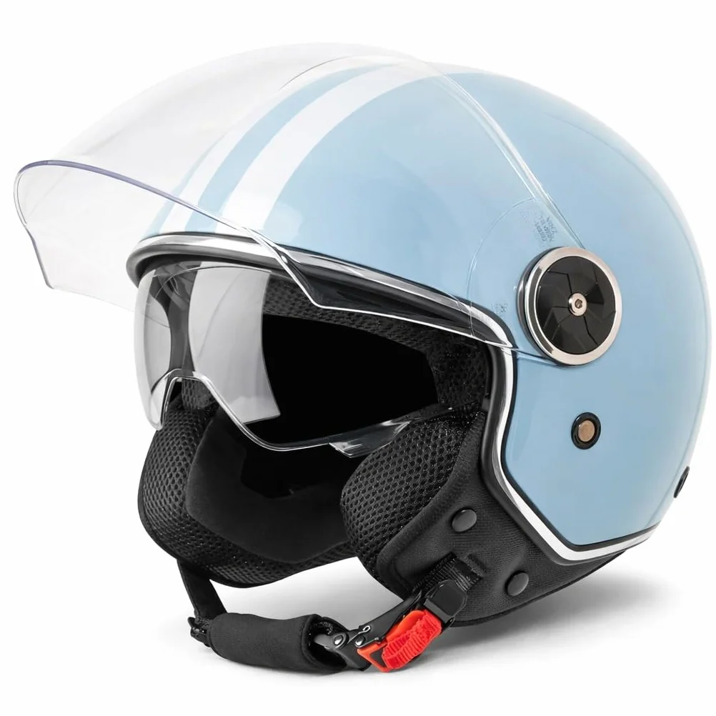 VINZ Arenas Casco Jet Doppia Visiera VIntage | Casco Scooter / Moto con Striscia | Donna E Uomo | Certificato ECE 22.06 | nelle taglie dalla XS-XXL