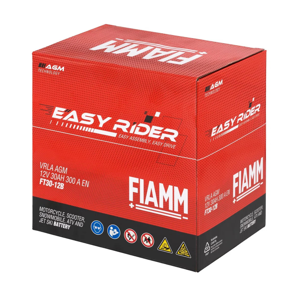 Fiamm Batteria per Moto e Scooter FT30-12B 30AH 300A, Batteria Easy Rider AGM Technology, Massima Potenza di Avvio, Senza Manutenzione, Già Carica, Pronta all'Uso, Adatta a Scooter, Moto, Moto d'acqua