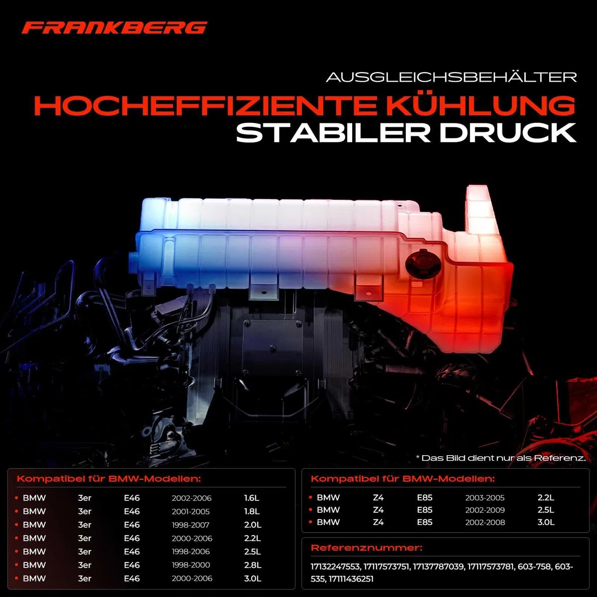 Frankberg 2x Staffa+Serbatoio di Espansione Refrigerante Intestazione Serbatoio Raffreddamento Cambio automatico per Serie 3 E46 320i 323i 325i 328i 330i Z4 E85 Benzina 1998-2006 17111436251