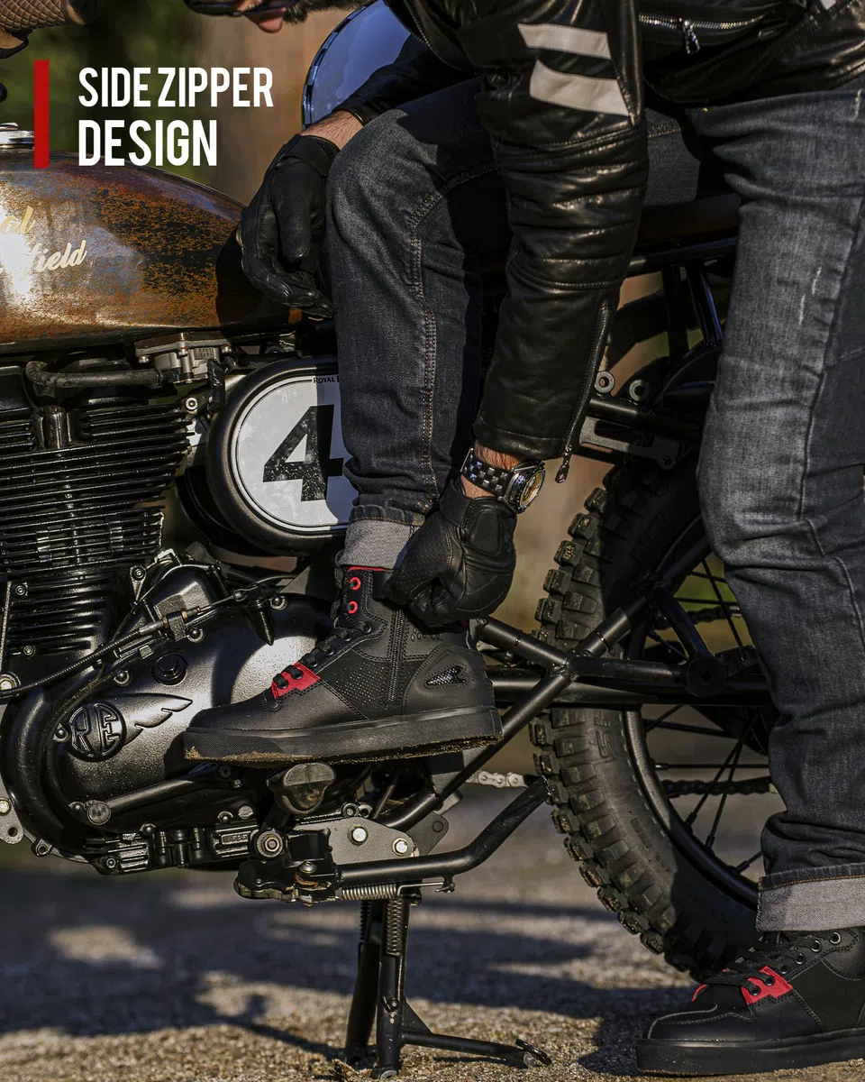 Scarpe Moto Uomo,Stivali Moto Traspiranti Uomo,Scarpe Motocross Casual con Pelle Rinforzata,Cavigliere,Antiscivolo,Cerniera Lateral (Nero,44EU)