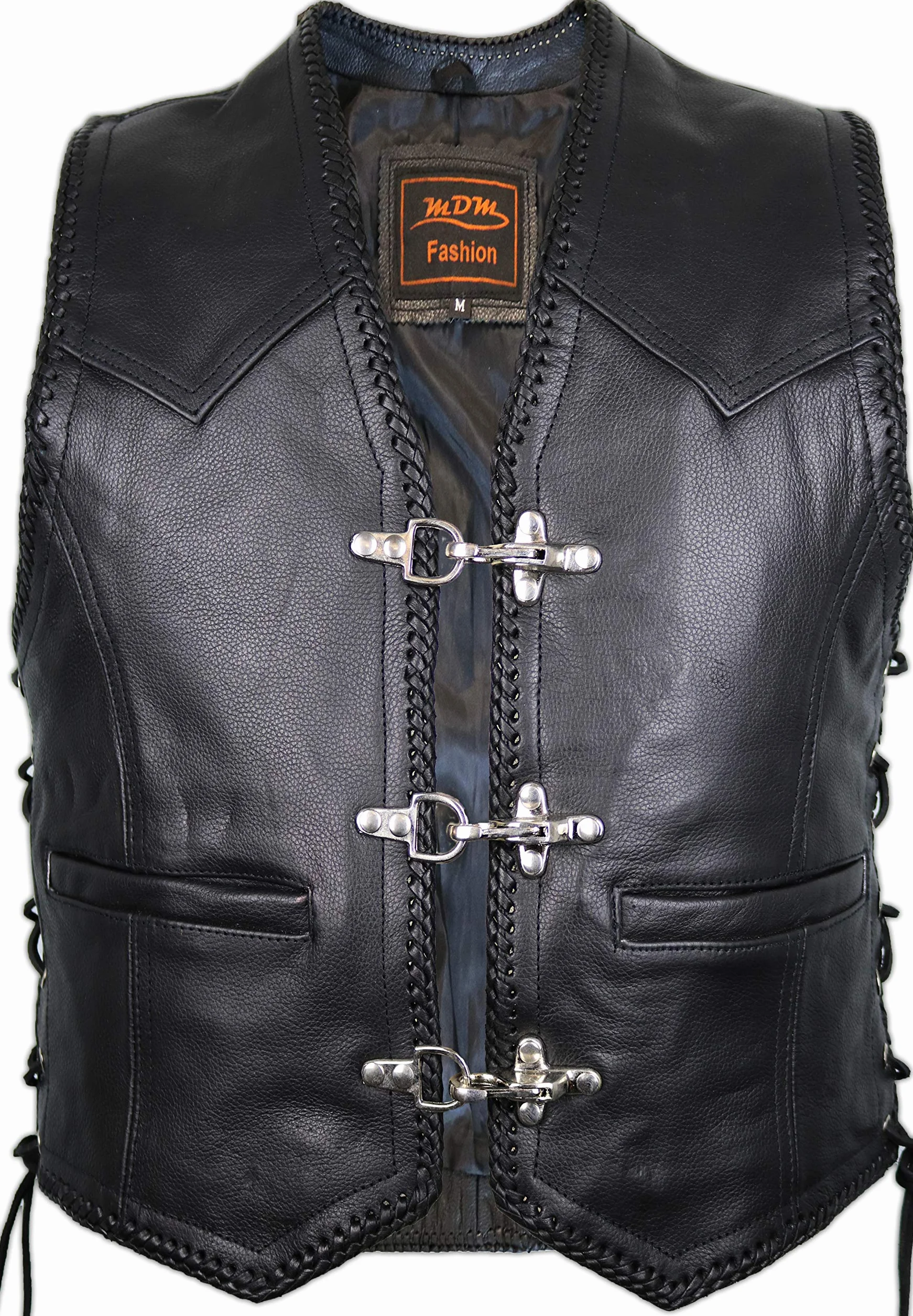 MDM Gilet pelle uomo moto – in vera pelle nera, stile biker con ganci cromati, lacci laterali regolabili e rifinitura intrecciata, ideale per patch club motociclistici