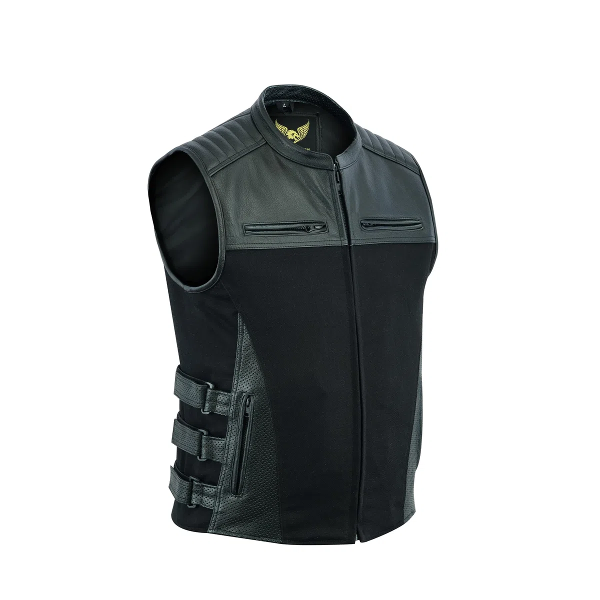 Leatherick Gilet da motociclista Warrior in pelle di bufalo in denim e pelle di bufalo, stile tattico da uomo con tasche per pistola e pannelli perforati