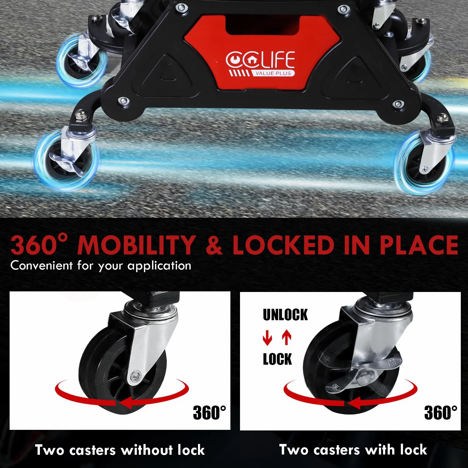 CCLIFE Sgabello da Officina con Ruote con Rotazione a 360° Le Ruote Possono Essere fissate, Piastra del Sedile Rimovibile, per Riparazione Auto autoveicoli