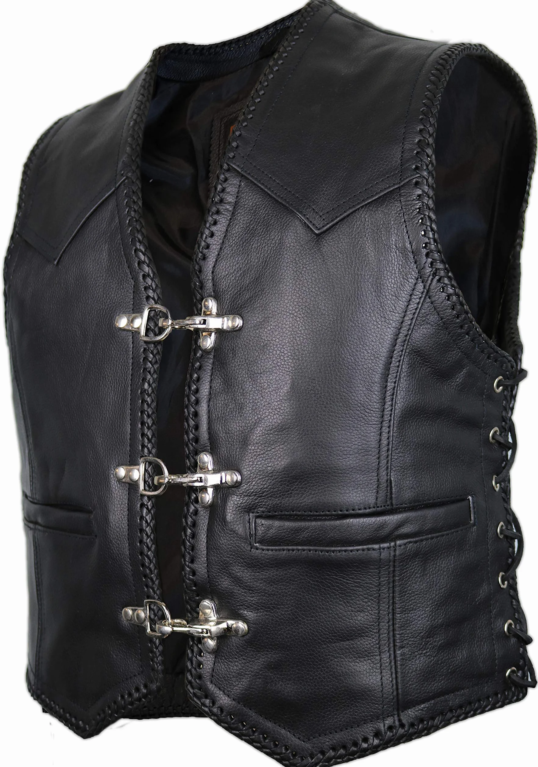 MDM Gilet pelle uomo moto – in vera pelle nera, stile biker con ganci cromati, lacci laterali regolabili e rifinitura intrecciata, ideale per patch club motociclistici