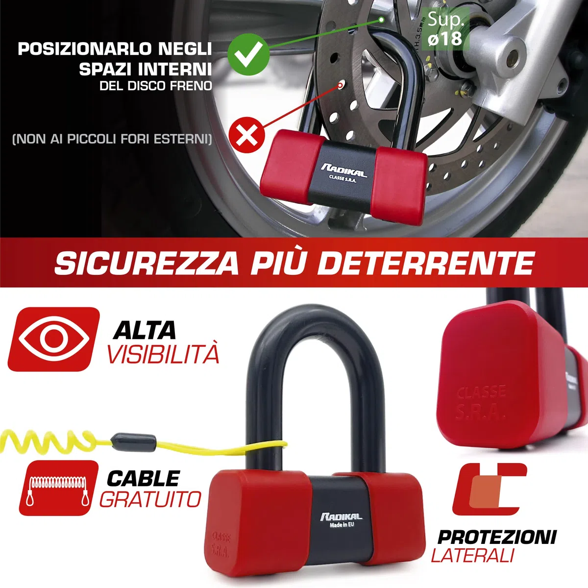 RADIKAL RK75 Antifurto Moto Sicurezza Premium, Blocca Disco per Moto Omologato SRA, Lucchetto Mini U 18mm Doppio Bloccaggio, Serratura Antiscasso, Bloccadisco Acciaio Cementato, Cavo Promemoria