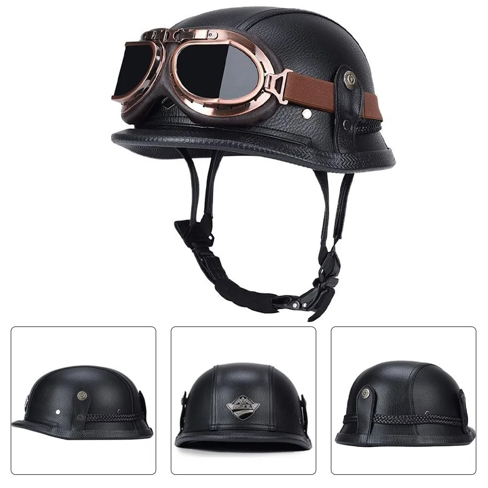 Retro Moto Casco Mezzo Pelle, Certificazione ECE Casco Jet Vintage con Occhiali da Aviatore, Caschi Scooter Caschi Street Cruiser da Uomo e da Donna