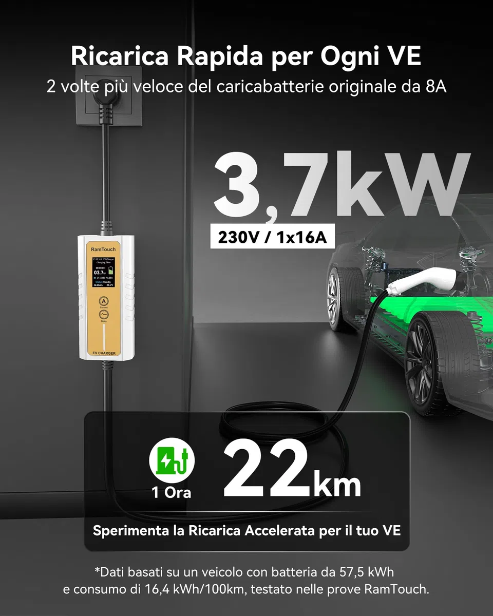 Caricabatteria da Auto Elettrico (3,7 KW, 10,5 m, Tipo 2, Schuko) - Cavo di Ricarica con amperaggio Regolabile 6A-16A, Ricarica ritardata e Programmata, terminale di Ricarica Mobile per EV e
