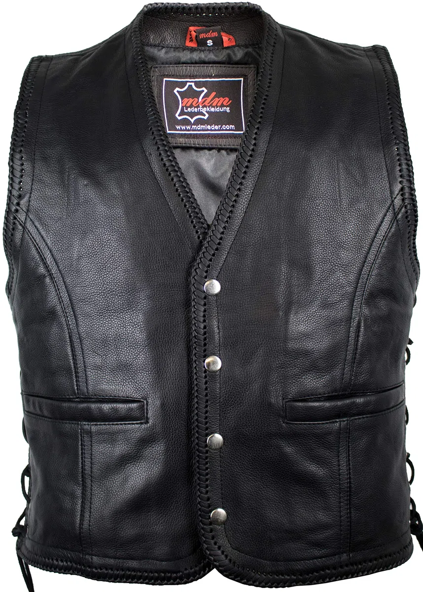 MDM Gilet pelle uomo moto, in vera pelle bovina nera, stile biker con chiusura a bottoni a pressione, bordi intrecciati in cuoio e lacci laterali, ideale per patch e loghi da club