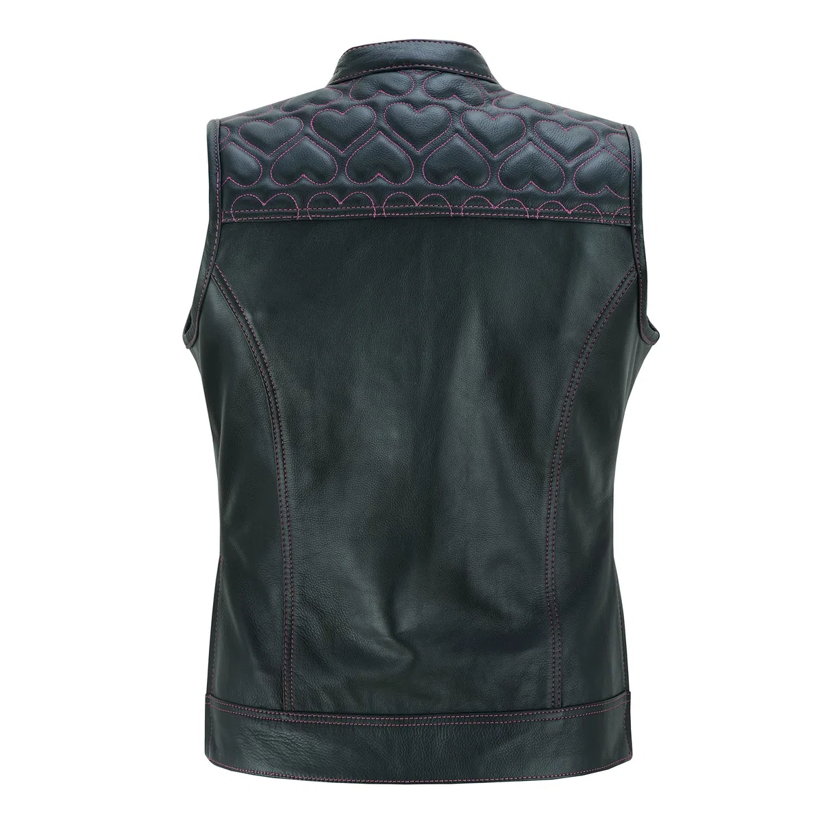 Leatherick Gilet da motociclista in pelle nera da donna - Fodera tradizionale in raso Paisley con cuciture a cuore rosa