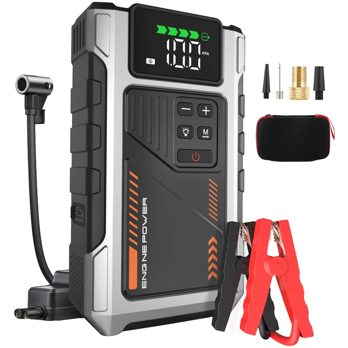 Booster Avviamento Auto con Compressore d'aria Avviatore Emergenza per Auto da 6000A (10L Benzina/8.5L di Gasolio) 12V con 3 Modalità Torcia Avviatore Batteria Portatile