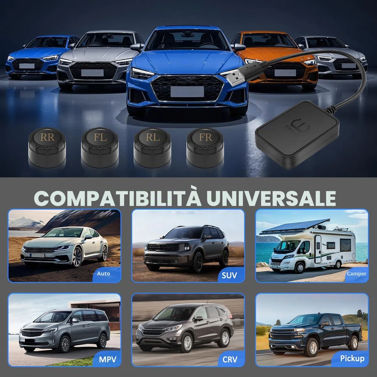 Sistema di monitoraggio della pressione dei pneumatici per auto con ricarica USB, per display di navigazione Android, strumento universale TPMS per la pressione degli pneumatici con 4 sensori