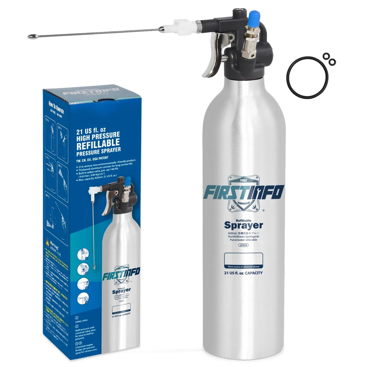 FIRSTINFO A1638 | Bottiglia spray riutilizzabile per pulitore freni 620 ml | Alluminio | Spruzzatore a pressione max 140 psi | Bomboletta aerosol spessa | Ugello two-way