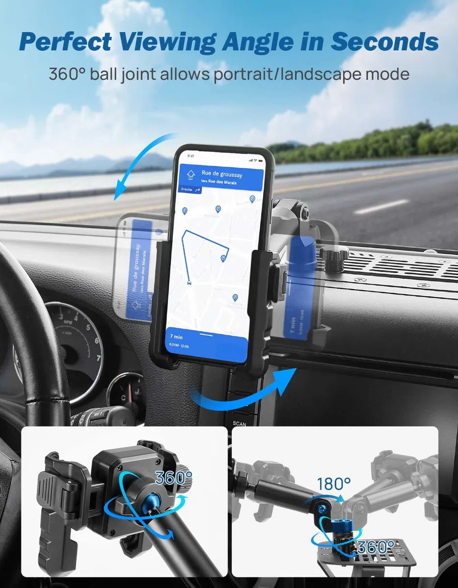 JOYTUTUS Supporto per telefono in metallo compatibile con Wrangler JK 2007-2018 (non compatibile con Wrangler JL 2018) | Piattaforma di espansione per supporto telefono su misura | Clip regolabile con
