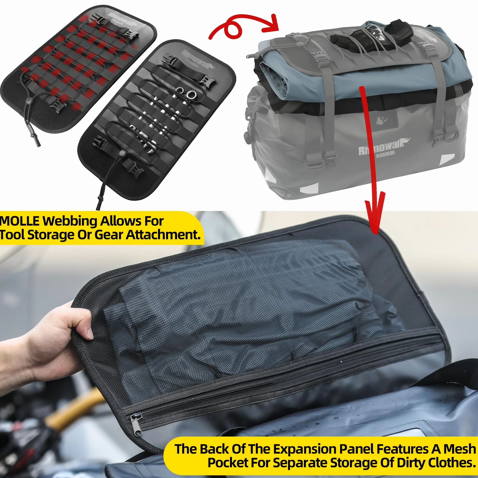 Rhinowalk, Borsa per moto, impermeabile, borsa a sacco, bagaglio da viaggio per moto con ampio spazio di archiviazione per campeggio, canottaggio, bicicletta, 40L - Nero