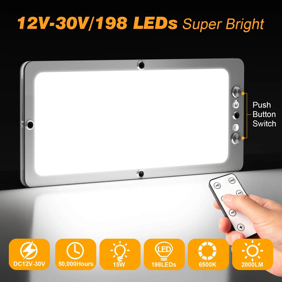 2 Pcs Plafoniera LED 12V Camper con Interruttore, 15W 2000LM Luci Camper Interno 12 V, 3000-4500-6000K Plafoniera LED 12V per Camper, 198 LEDs Plafoniera Interna 12V per Rimorchio, Auto, Barca