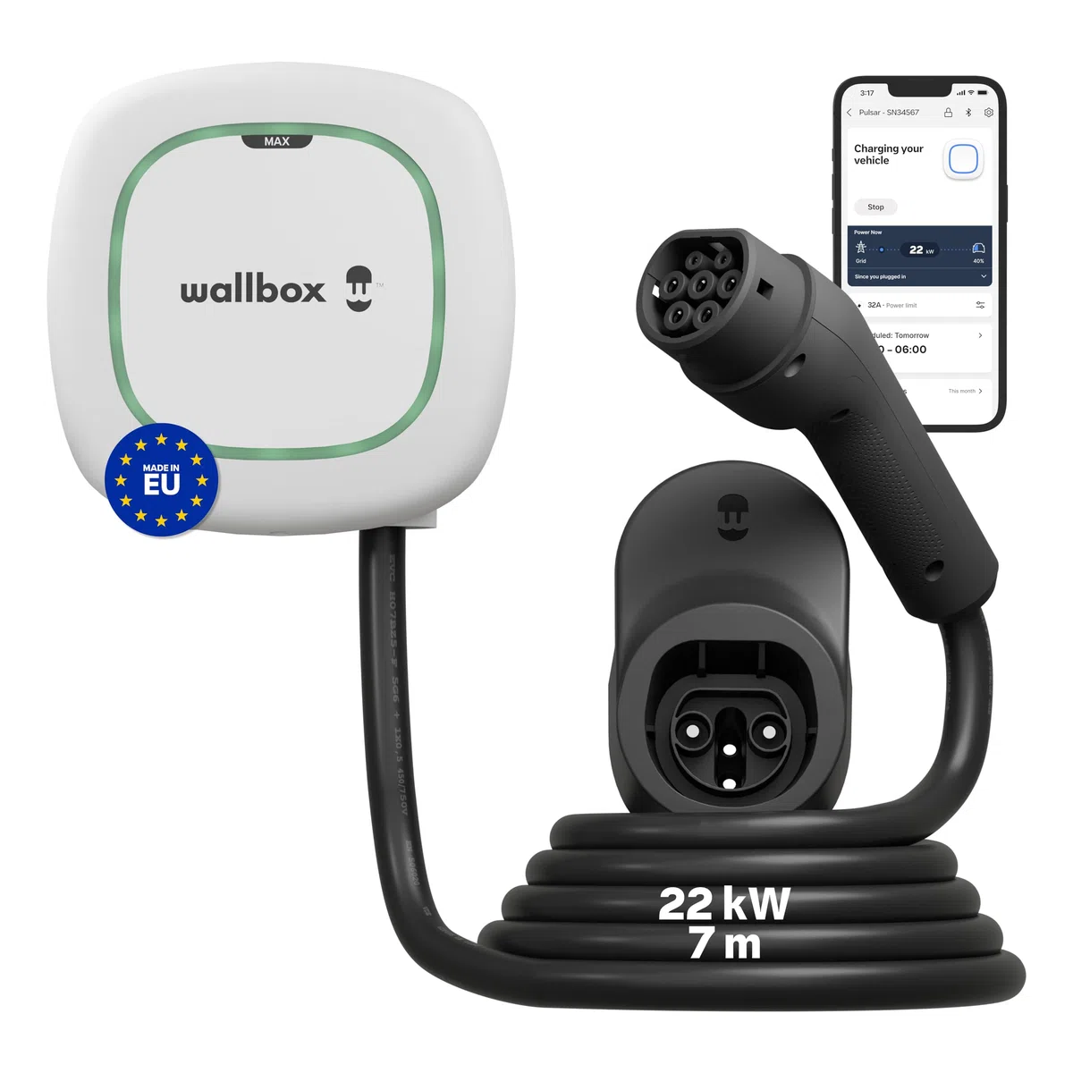 Wallbox Pulsar Max 22kW - Caricatore Auto Elettrica fino a 32A - Cavo 5 Metri - Ricarica Veicoli Elettrici Connettore Tipo 2 - Caricabatterie EV/PHEV - Smartapp WiFi e Bluetooth - Uso Interno/Esterno