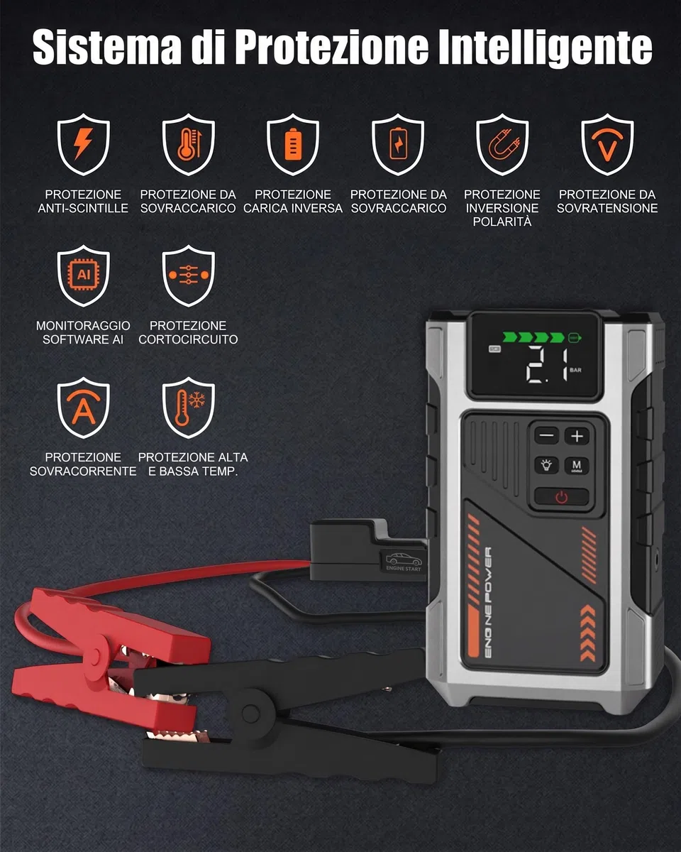 Booster Avviamento Auto con Compressore d'aria Avviatore Emergenza per Auto da 6000A (10L Benzina/8.5L di Gasolio) 12V con 3 Modalità Torcia Avviatore Batteria Portatile