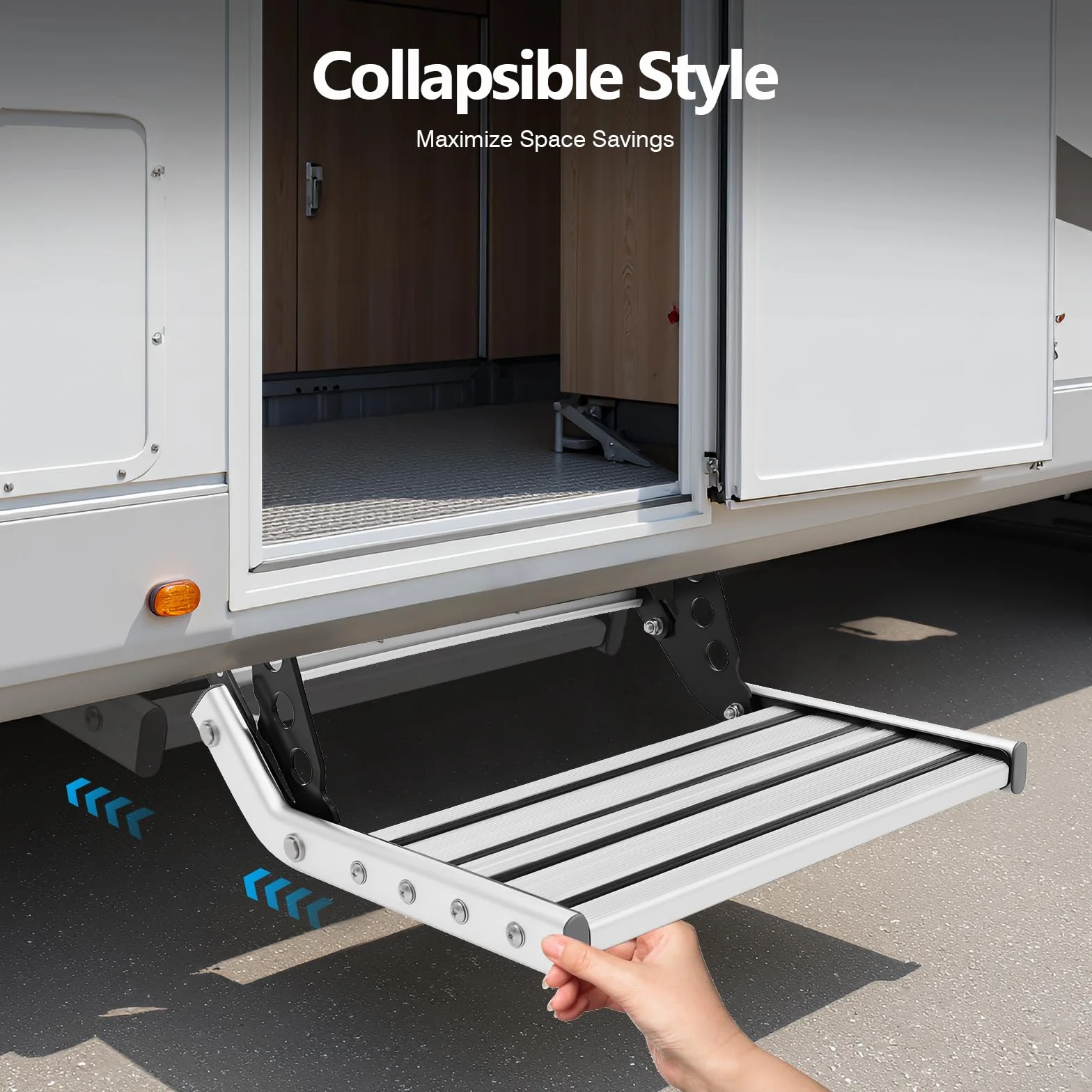 Scalino pieghevole per camper in lega di alluminio, 150 kg, capacità di carico antiscivolo, pedale 12 V, montaggio con fori preforati, antiscivolo, per roulotte