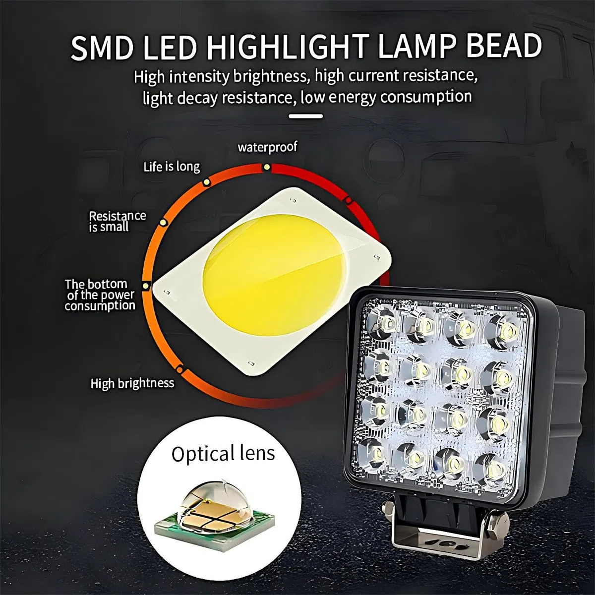 Faro da lavoro Led, 10x48W Trattore Auto,12v 24v,46mm Spessori Faretto Faro Luci da Lavoro a led,Off-road Fendinebbia Impermeabile Per Fuoristrada Moto 4WD SUV ATV Camion