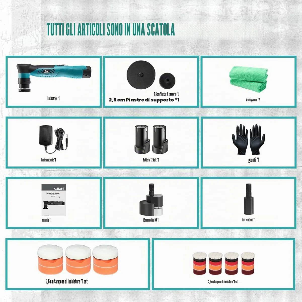 AUTIWOZ Lucidatrice a batteria per auto, mini lucidatrice 30 mm/75 mm, rimozione dei graffi, batterie Li-ion 12 V 2,0 Ah, 6 velocità W62