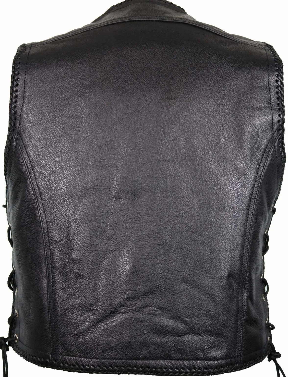 MDM Gilet pelle uomo moto – in vera pelle nera, stile biker con ganci cromati, lacci laterali regolabili e rifinitura intrecciata, ideale per patch club motociclistici