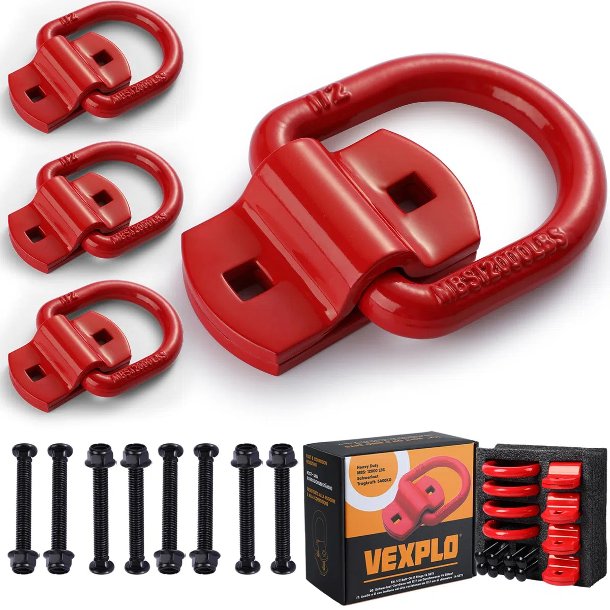 VEXPLO® 5400 kg, anelli di fissaggio per rimorchi auto, accessori per rimorchi, 4 pezzi, anelli di fissaggio (rosso)