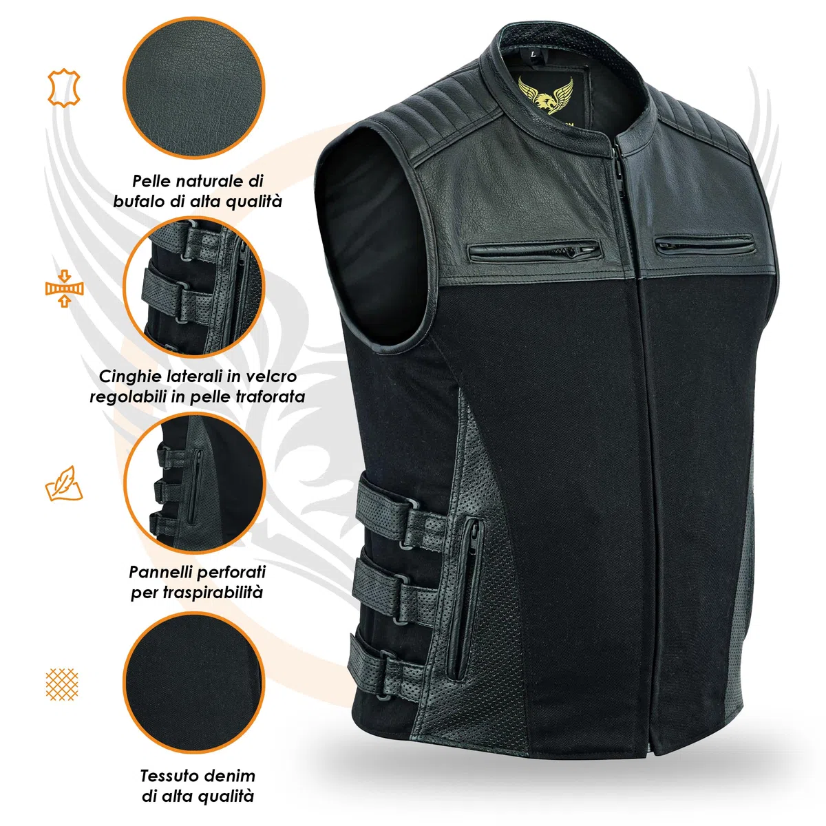 Leatherick Gilet da motociclista Warrior in pelle di bufalo in denim e pelle di bufalo, stile tattico da uomo con tasche per pistola e pannelli perforati