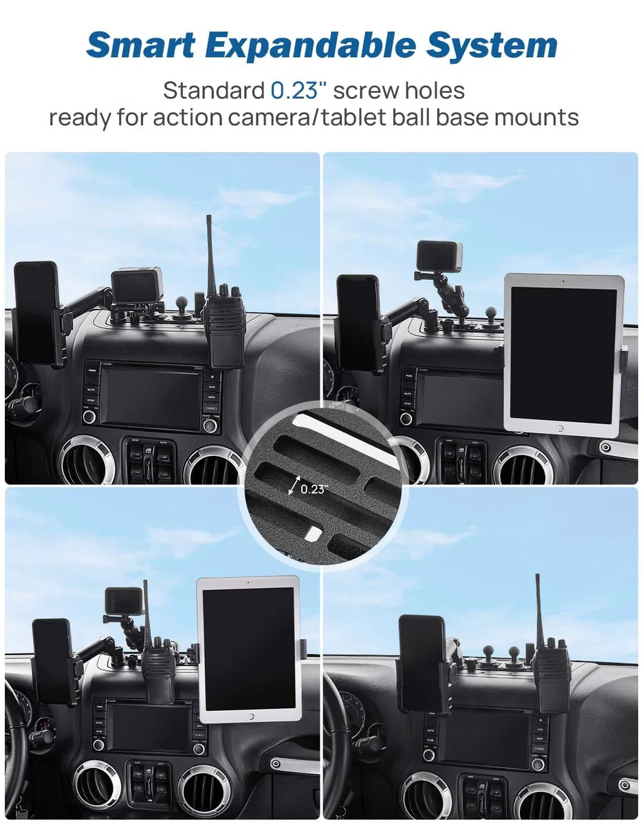 JOYTUTUS Supporto per telefono in metallo compatibile con Wrangler JK 2007-2018 (non compatibile con Wrangler JL 2018) | Piattaforma di espansione per supporto telefono su misura | Clip regolabile con