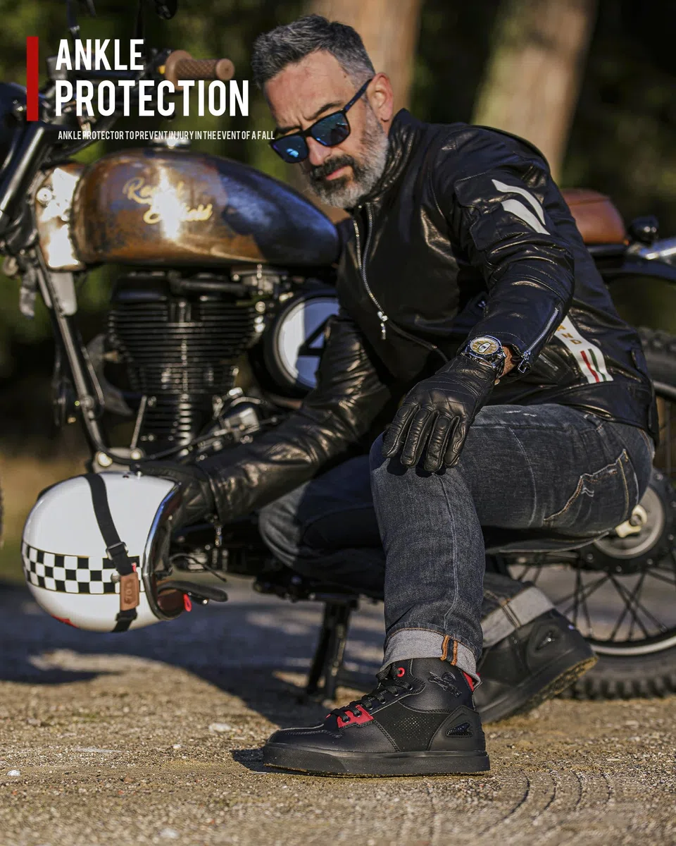 Scarpe Moto Uomo,Stivali Moto Traspiranti Uomo,Scarpe Motocross Casual con Pelle Rinforzata,Cavigliere,Antiscivolo,Cerniera Lateral (Nero,44EU)