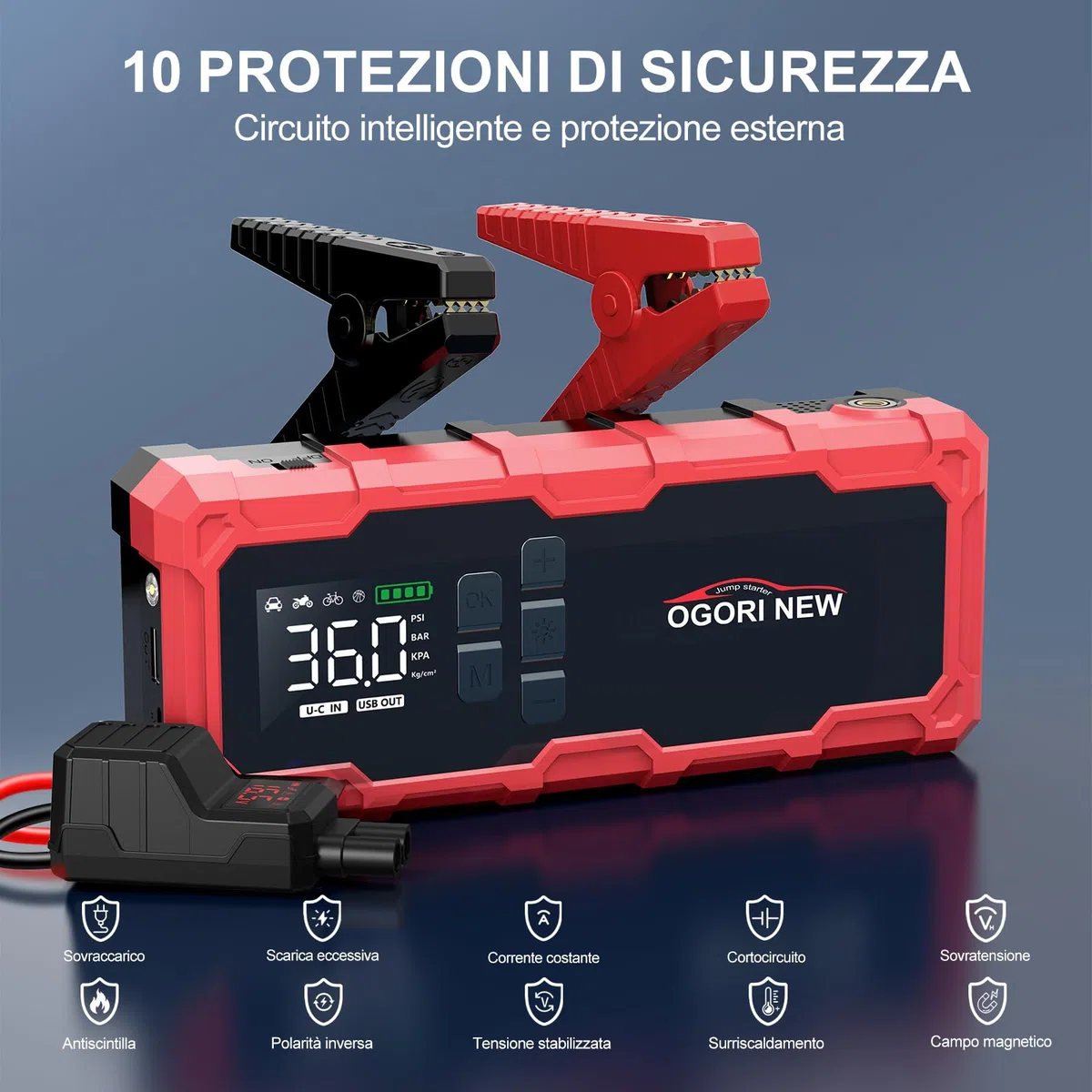 Avviatore Batteria con Compressore 150PSI,7000A Booster Avviamento Auto,Starter Batteria Auto con Torcia, Ricarica USB (8.0L Diesel/10.0L Benzina)
