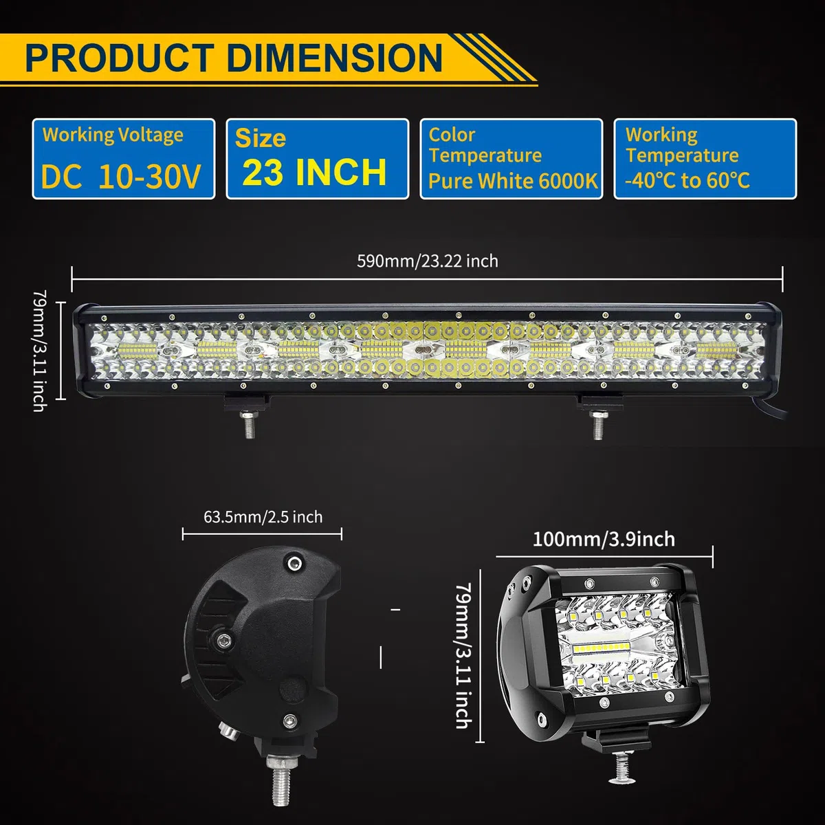 PICAA 59cm 23 Pollici 480W Barra Led Fuoristrada+2x 4" 60W Faro da Lavoro Led+Cablaggio Kit, Tripla File 6000K Bianco Auto Camion 4x4 Barra Luminosa a Led 12V 24V Fari Led