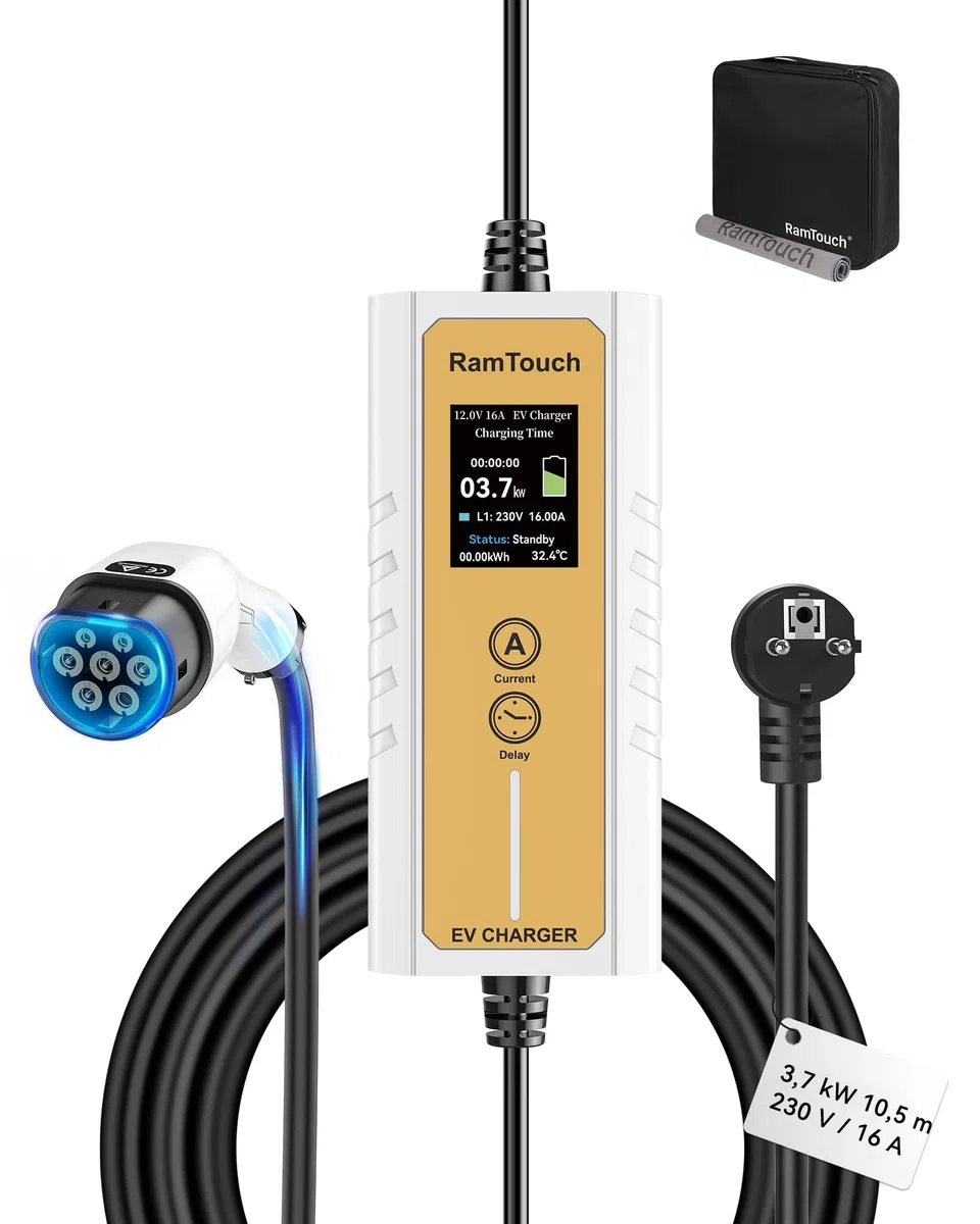Caricabatteria da Auto Elettrico (3,7 KW, 10,5 m, Tipo 2, Schuko) - Cavo di Ricarica con amperaggio Regolabile 6A-16A, Ricarica ritardata e Programmata, terminale di Ricarica Mobile per EV e