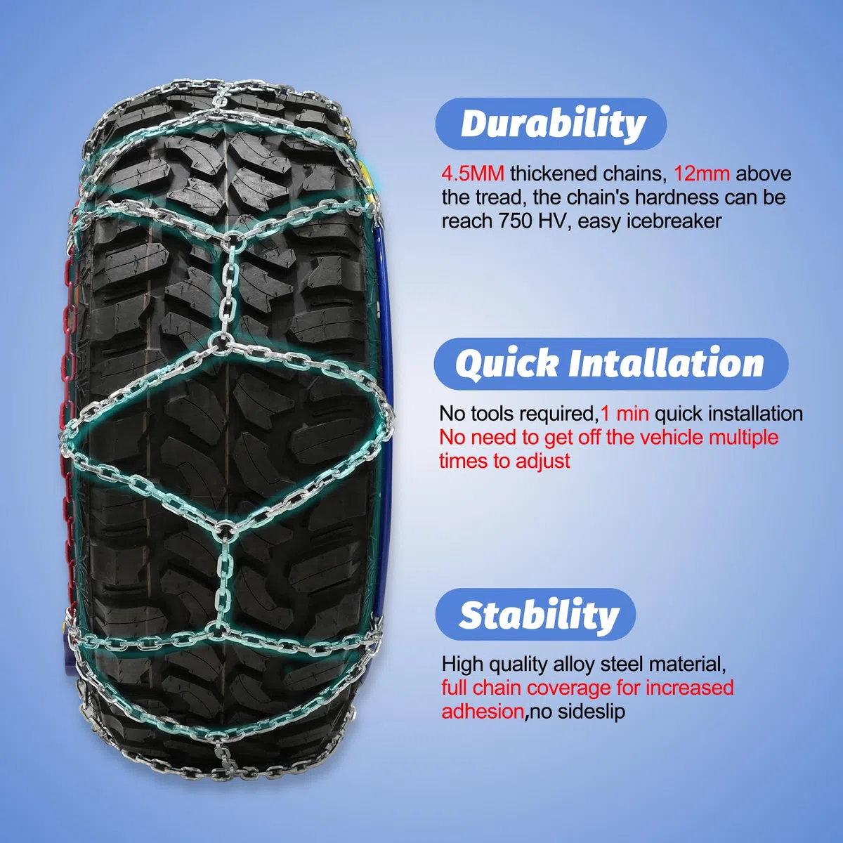 Catene da Neve Fuoristrada, 2 Pezzi da 12 mm, 1 Minuto Montaggio Rapido, Catene da Neve con Tenditore Automatico, Catena di Trazione degli Pneumatici di Emergenza per Pick-up e SUV(HYR-B)