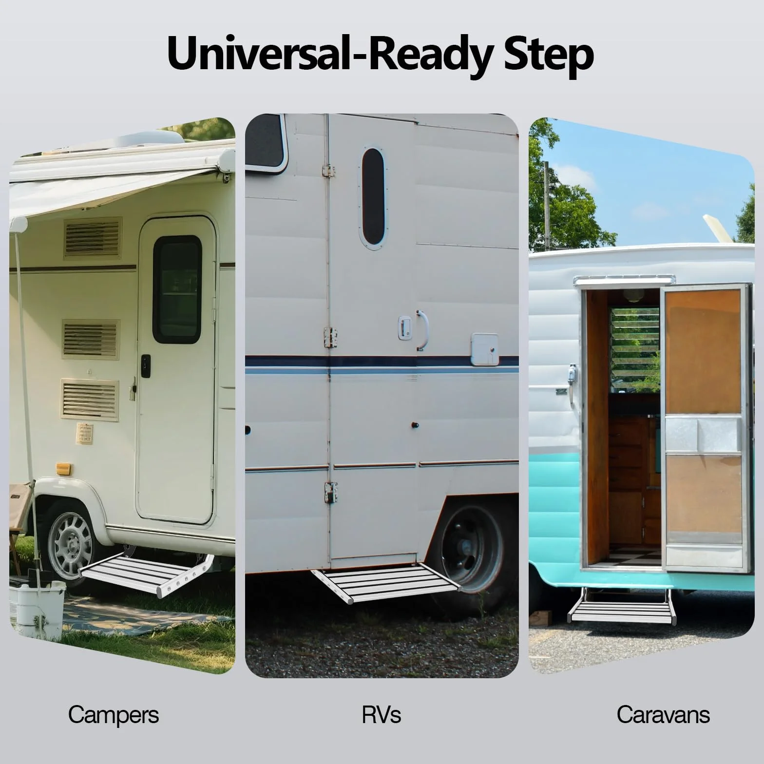 Scalino pieghevole per camper in lega di alluminio, 150 kg, capacità di carico antiscivolo, pedale 12 V, montaggio con fori preforati, antiscivolo, per roulotte