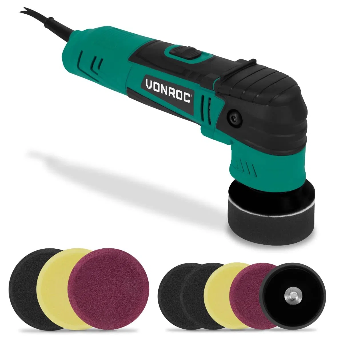 VONROC Lucidatrice auto orbitale - 400W, 50/75mm, per Auto, Moto e Barche- Rimuove Graffi, Applica Cera, Ottimizza Lucentezza - Include 8 Tamponi e Piastre di Supporto, Cavo 4m, Soft Start