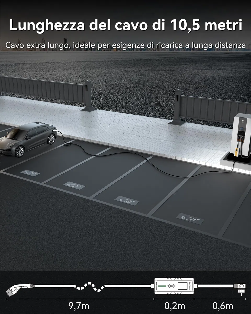 Caricabatteria da Auto Elettrico (3,7 KW, 10,5 m, Tipo 2, Schuko) - Cavo di Ricarica con amperaggio Regolabile 6A-16A, Ricarica ritardata e Programmata, terminale di Ricarica Mobile per EV e