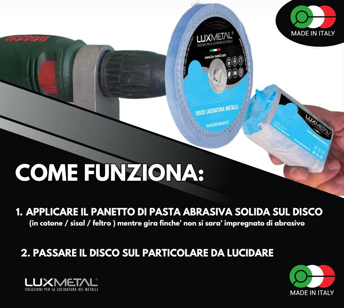 Lux Metal Kit Lucidatura 7 Pasta Abrasiva Lucidante 250 gr e 7 Disco Lucidatura 100 mm in Cotone Trapano Mola Dischi Per Lucidare Acciaio Inox Metalli Alluminio Set Lucida Ottone Cromature feltro Rame