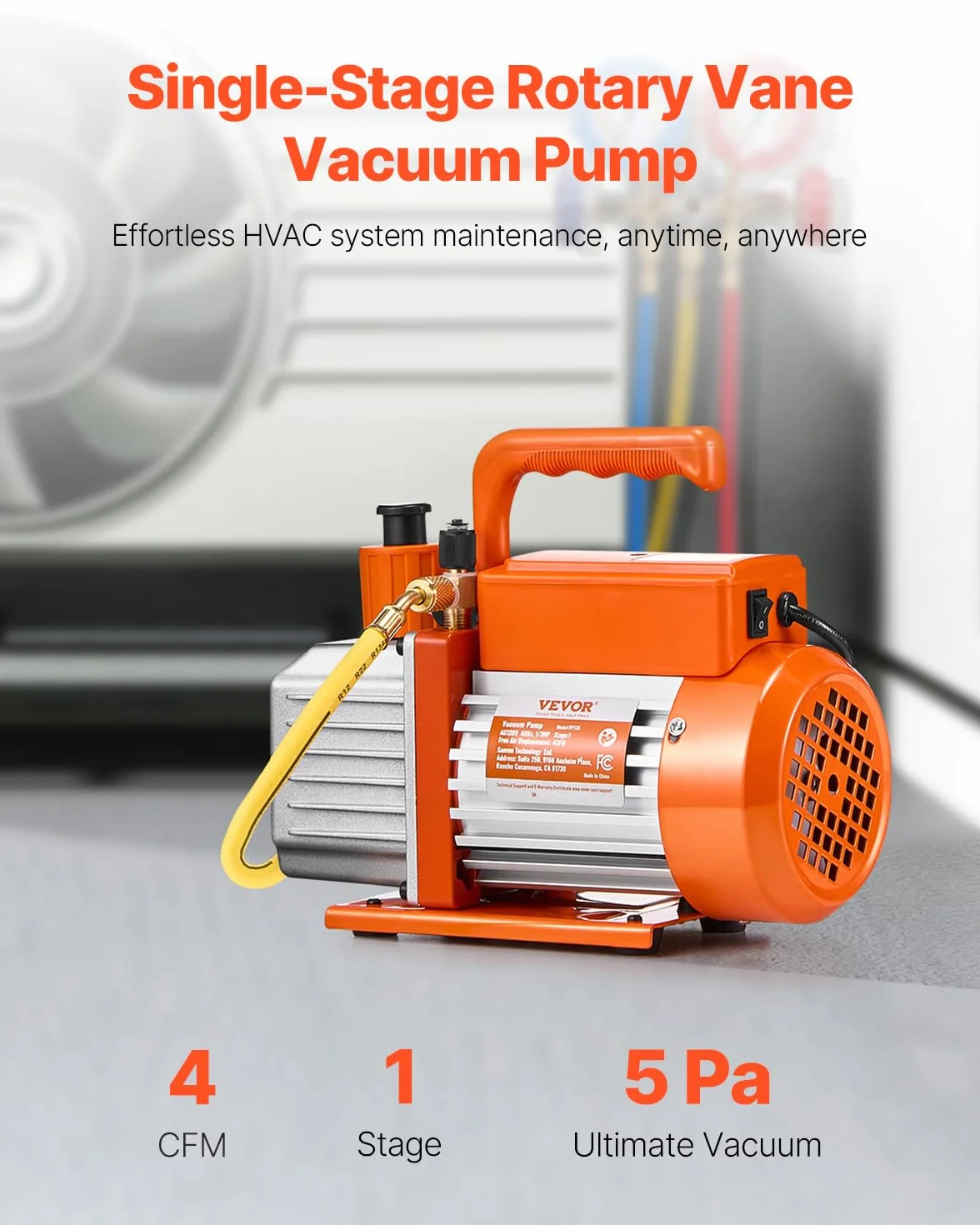 VEVOR Pompa per Vuoto 4 CFM, Pompa per Vuoto a Palette Rotanti Monostadio HVAC per Sistemi Kit Pompa per Vuoto AC per Auto con Contenitore per Olio per Manutenzione Aria Condizionata da Veicoli