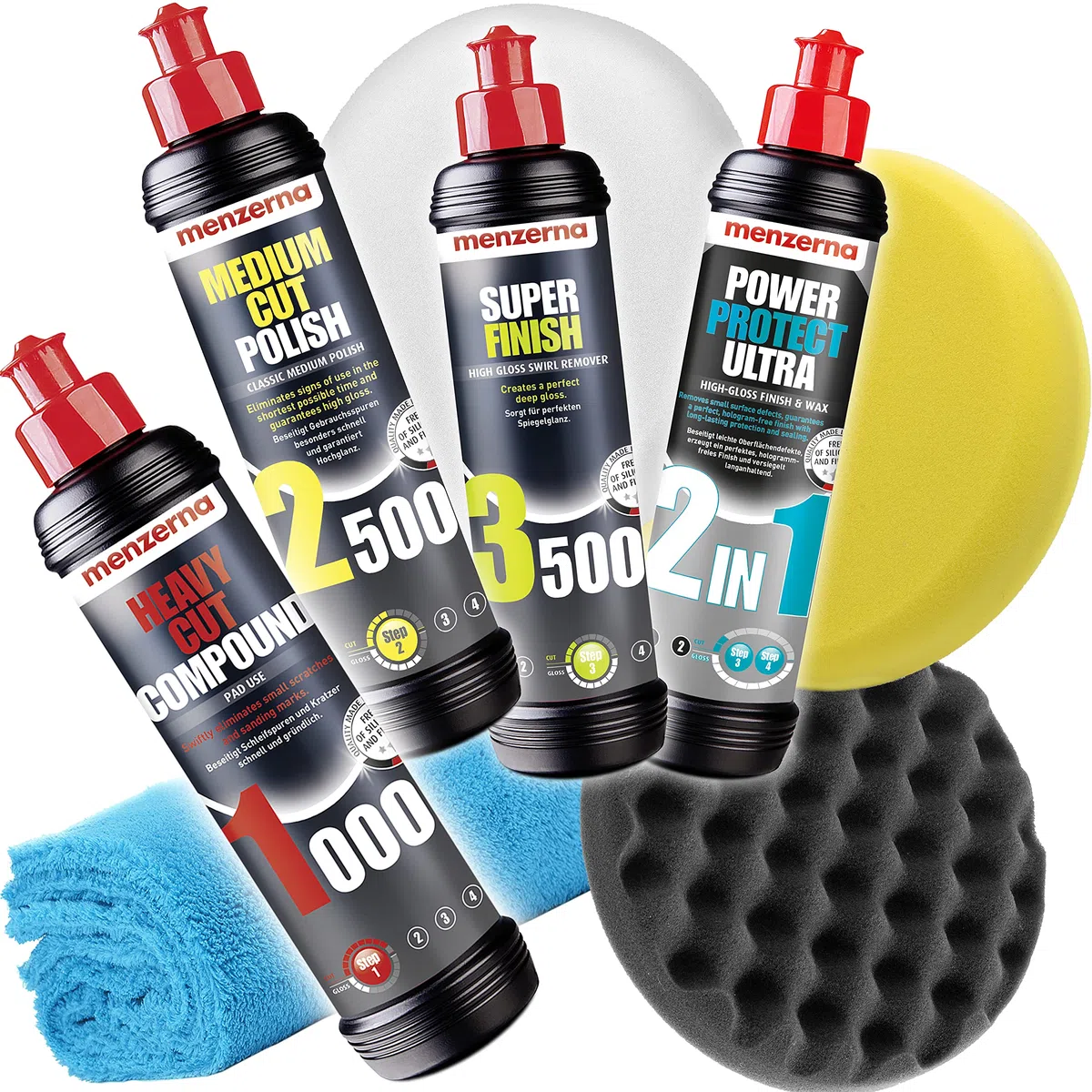 detailmate Set di Lucidi e Pasta abrasiva lucidante - Menzerna 250ml: 1000 + 2500 + Super Finish 3500 + 2 in 1 Power Protect Ultra Finish&Wax + 3 Tamponi (Morbido,Medio,Duro) + Panno Microfibra