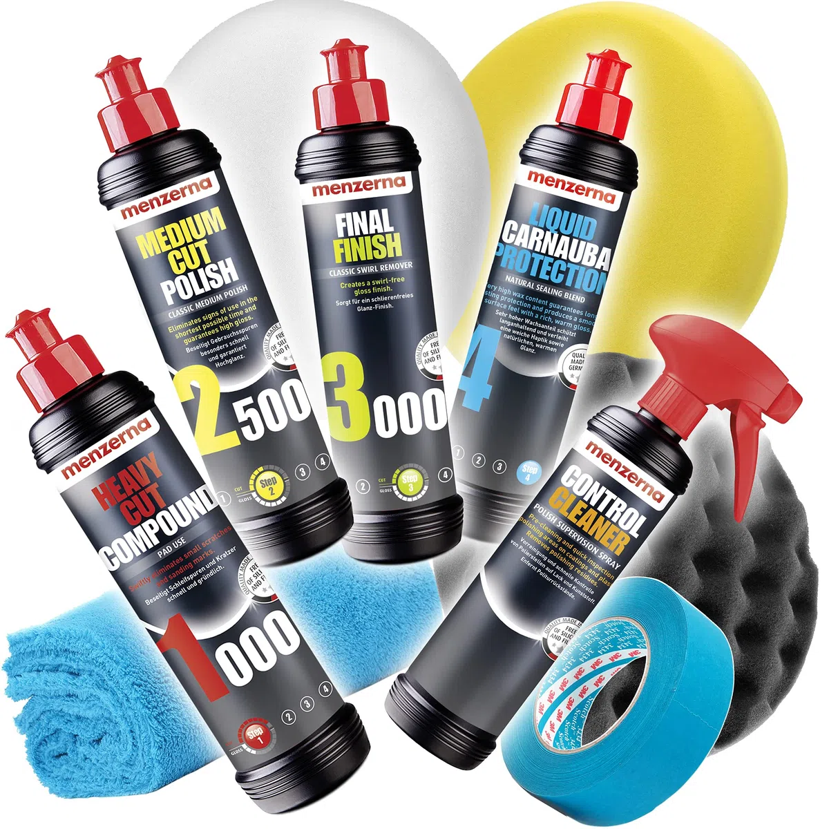 detailmate Set di Lucidi e Pasta abrasiva lucidante - Menzerna 250 ml - 1000 + 2500 + 3000 + Cera liquida + Control Cleaner + 3 Tamponi per lucidare (Morbido,Medio,Duro) + Panno Microfibra + 3M Scotch