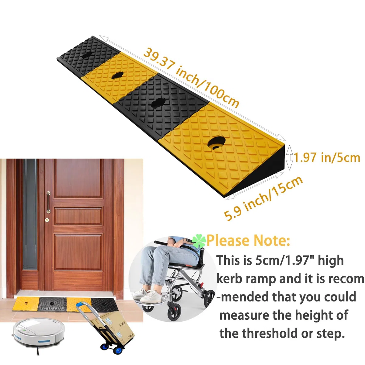 tonchean Rampa in gomma per marciapiede, altezza 5 cm, rampa per sedia a rotelle, 100 x 15 x 5 cm, rampa antiscivolo con 4 bulloni, per porte, garage, marciapiedi, bici, moto, camion, scooter