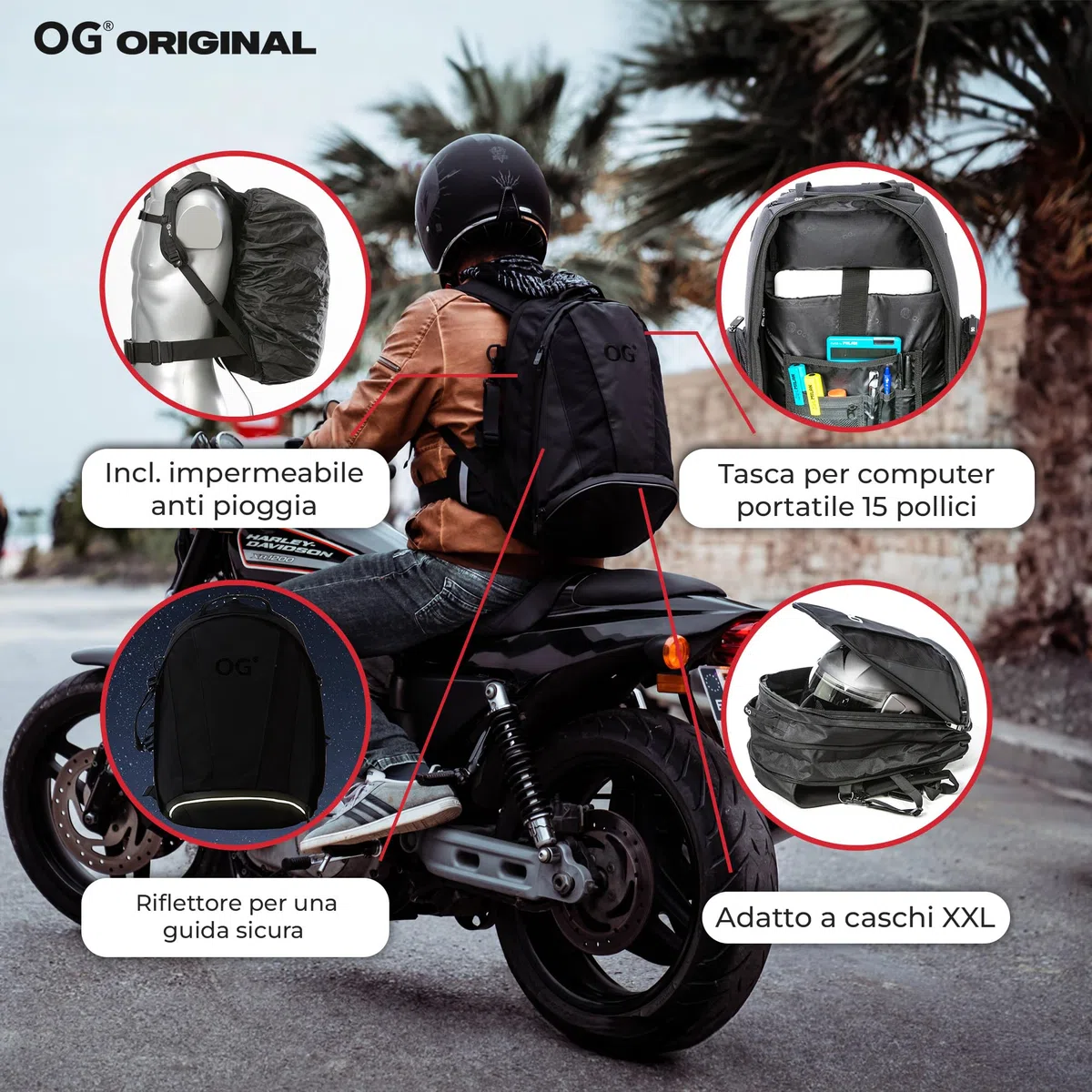 OG Original EZ-RiderPRO Zaino Moto Nero Espandibile 28-35L, Borsa Porta-Casco, Cinghia per Casco, Impermeabile, Portatile, Rifrangente, Logo Nero