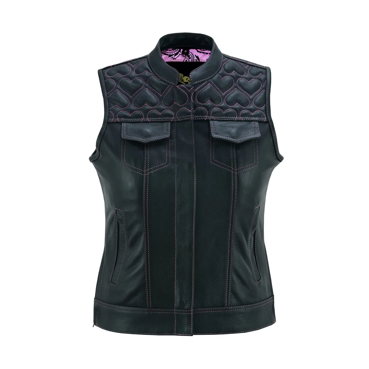 Leatherick Gilet da motociclista in pelle nera da donna - Fodera tradizionale in raso Paisley con cuciture a cuore rosa