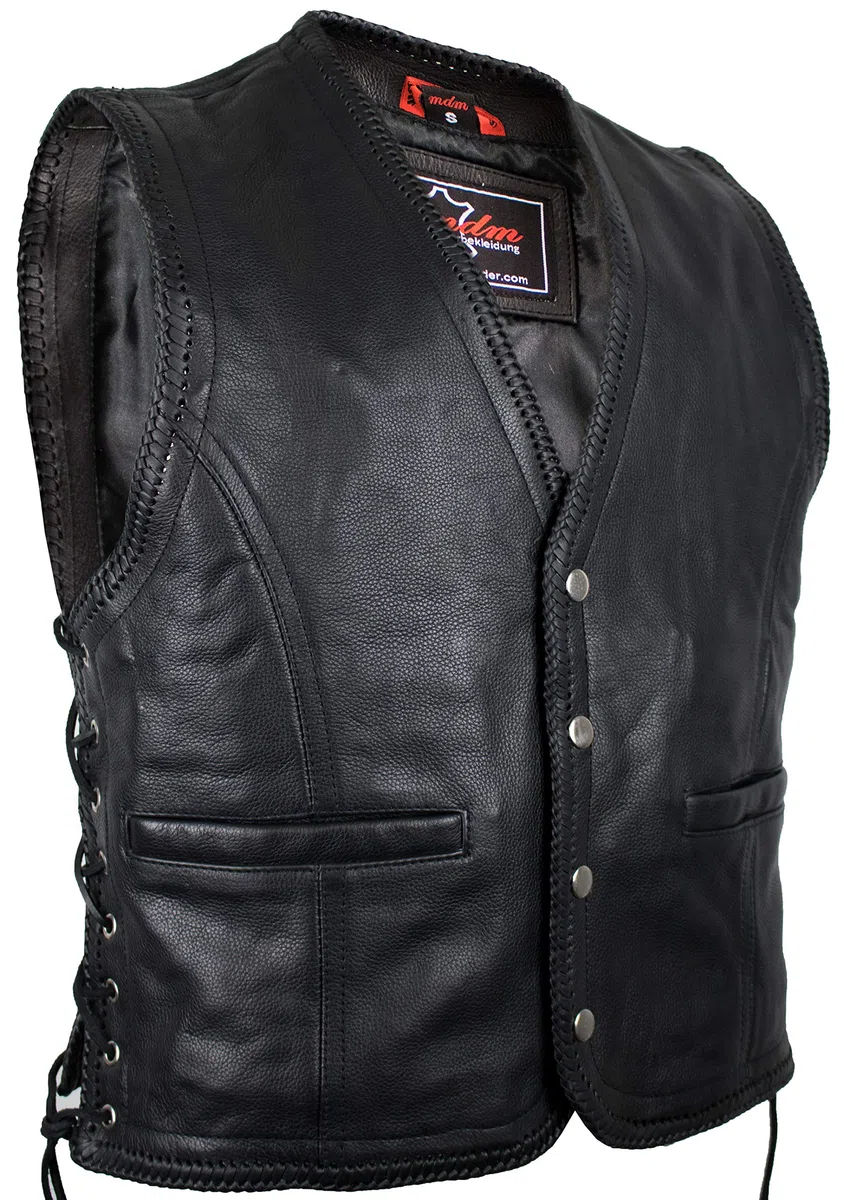 MDM Gilet pelle uomo moto, in vera pelle bovina nera, stile biker con chiusura a bottoni a pressione, bordi intrecciati in cuoio e lacci laterali, ideale per patch e loghi da club