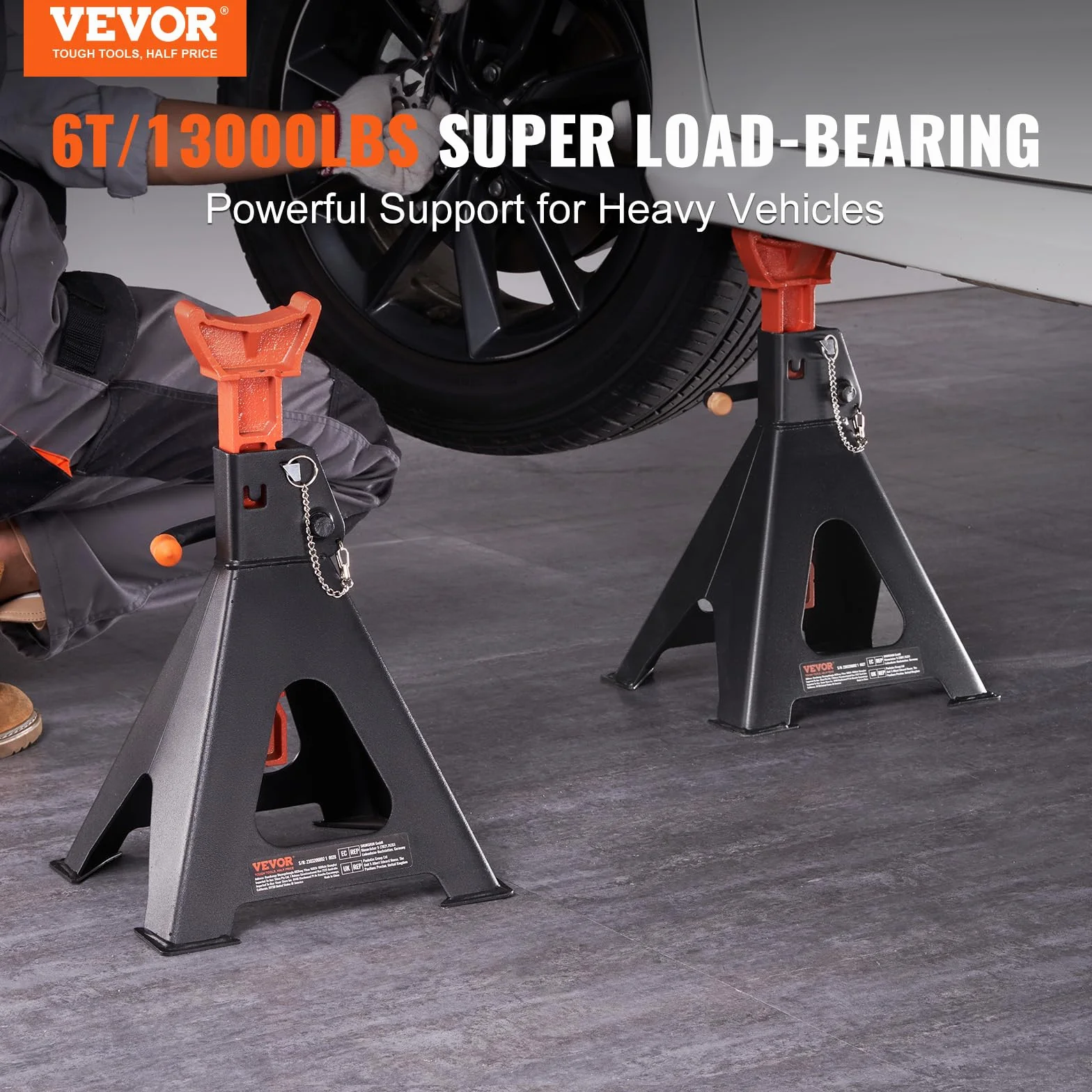 VEVOR Coppia di Cavalletti per Auto Supporti per Assale Cric Capacità 6T con Doppia Chiusura Altezza Regolabili 360-585 mm 1 Paio di Cavalletto per Sollevamento Auto, Moto, SUV, Camioncino, UTV/ATV