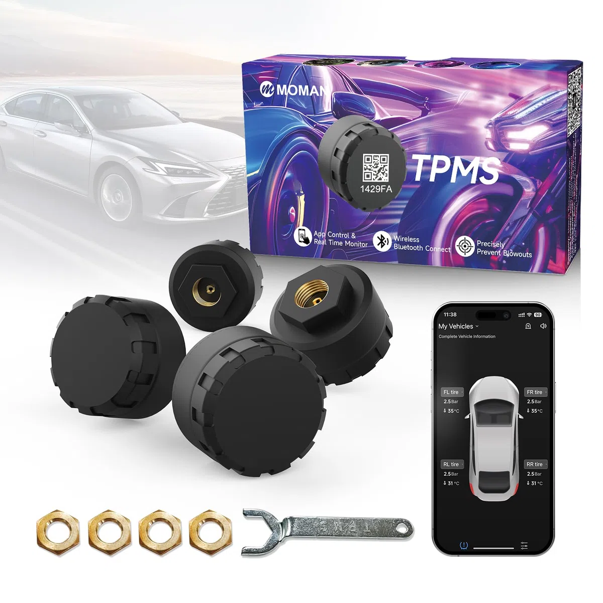 Moman Moto TPMS 4 Monitor di pressione dei pneumatici e temperatura con funzione di allarme, compatibile solo con iOS e Android